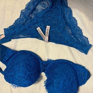 Victoria’s Secret Blue Lace Bra & Panty Set | 34DD Push-Up Floral Lingerie